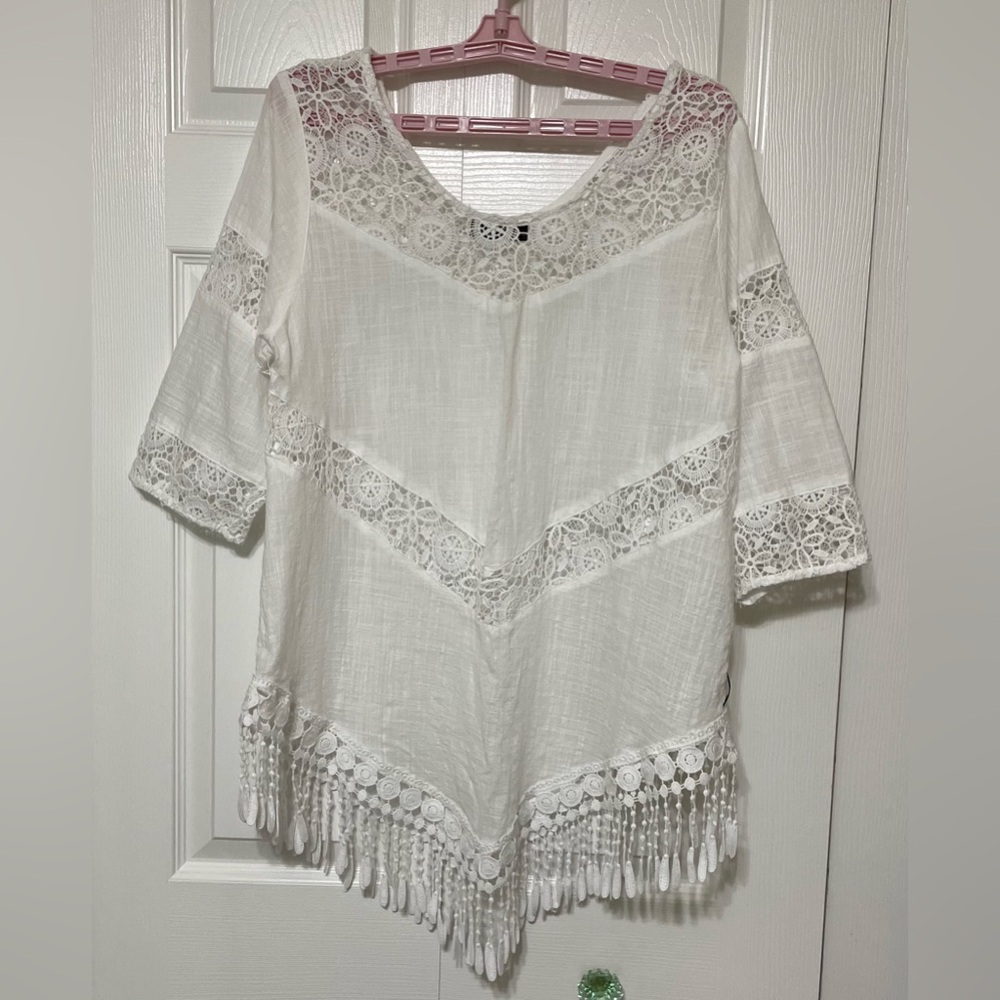 White Asymmetrical Embellished Blouse with 3/4 Sleeves